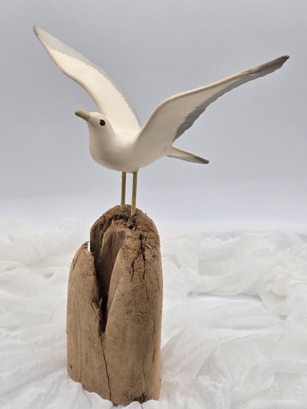 Carved Seagull on Driftwood Coastal Decor Sculpture